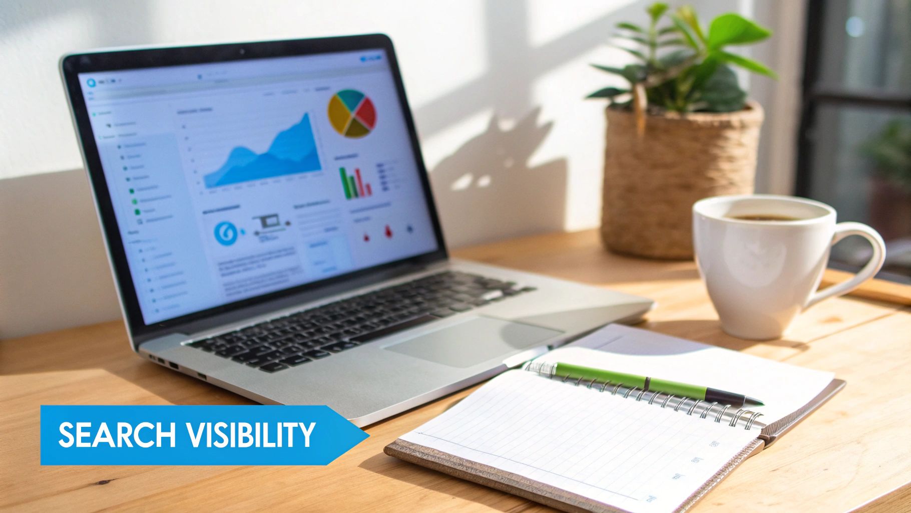 Laptop displaying SEO data analytics with a notebook, coffee, and a plant on a wooden desk. Text: SEARCH VISIBILITY.