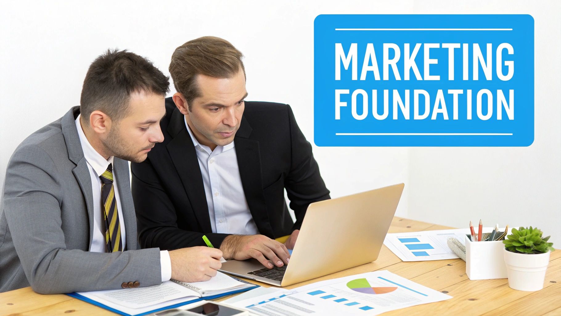 Two businessmen discussing work at a desk with a laptop and charts, 'MARKETING FOUNDATION' text.