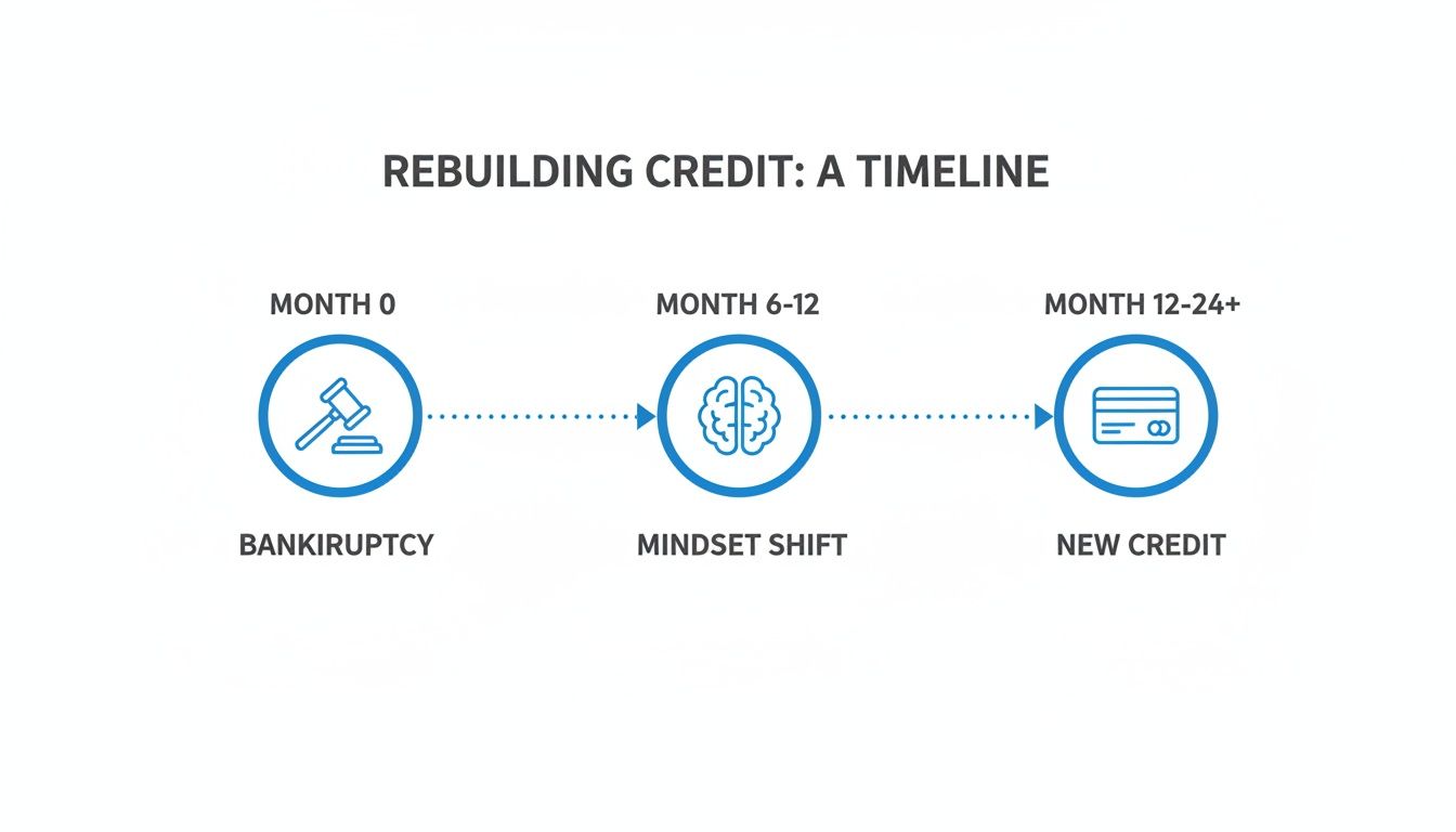 A timeline graphic illustrating the stages of rebuilding credit after bankruptcy, from month 0 to 24+.