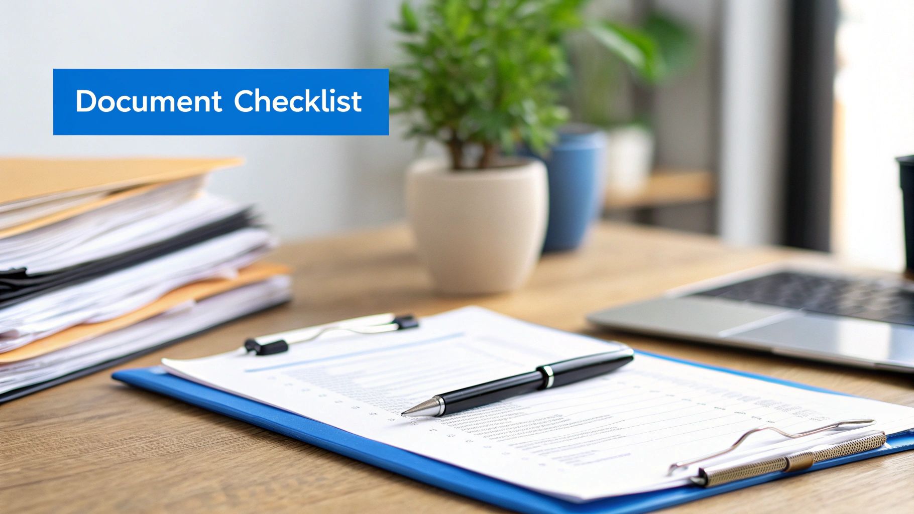 A desk with a 'Document Checklist' on a clipboard, a pen, folders, and a laptop.