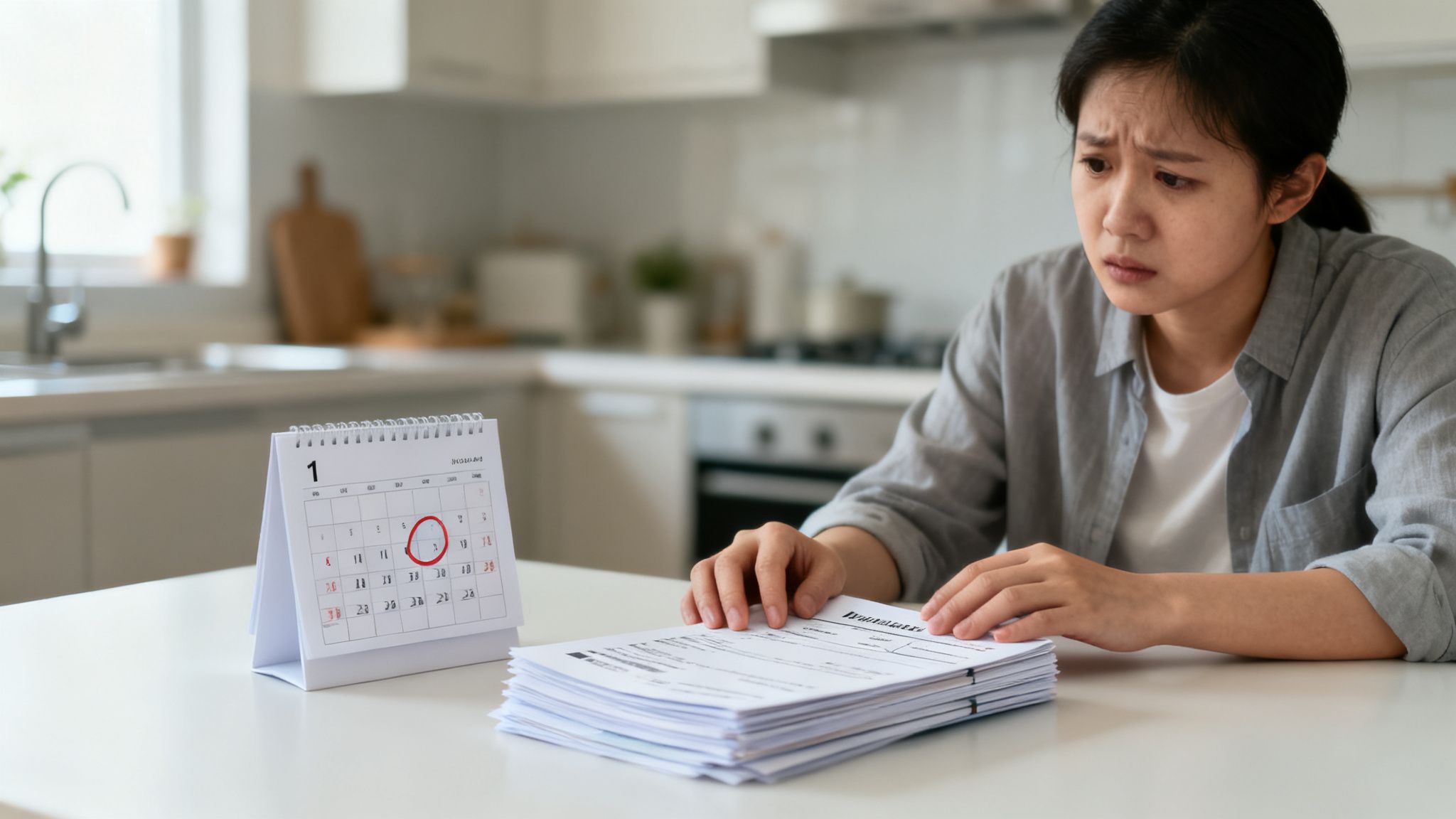 A worried woman reviews a stack of documents next to a calendar with a circled deadline.