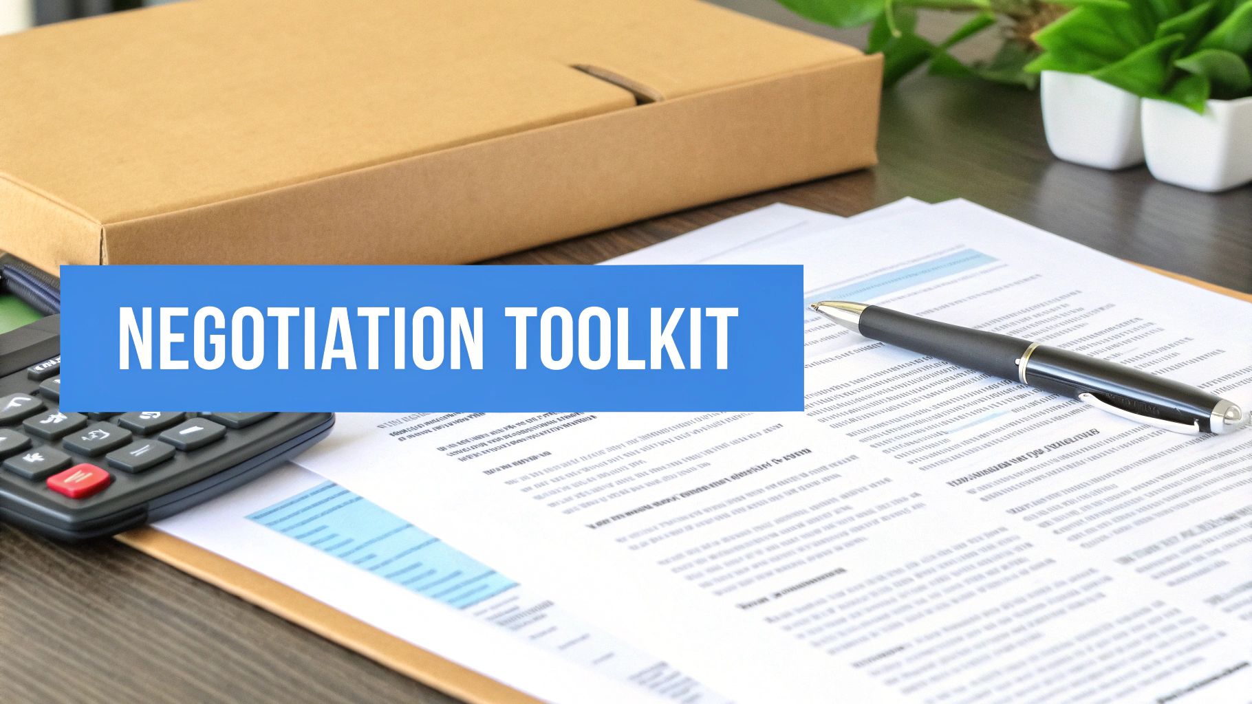 A business desk with 'NEGOTIATION TOOLKIT' overlay, calculator, pen, and documents for strategy.