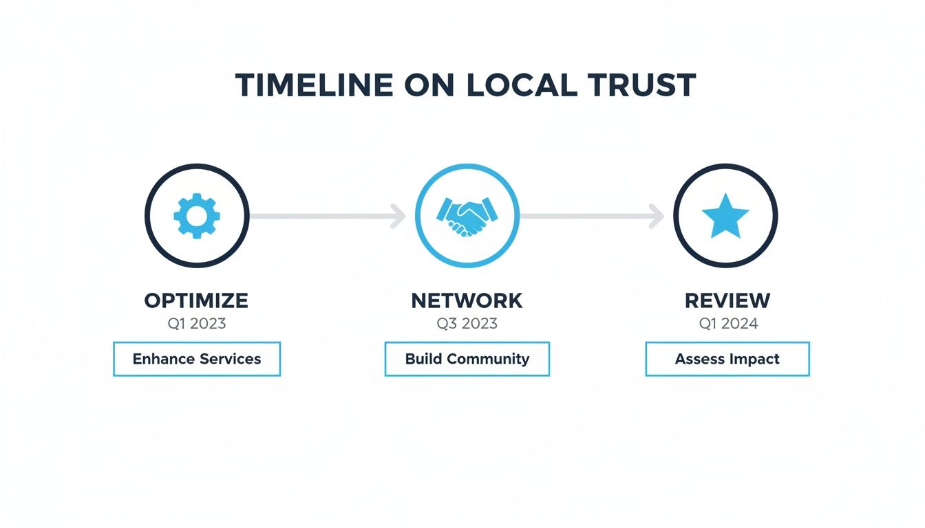 Timeline illustrating three stages of local trust development: Optimize, Network, and Review, with key actions.