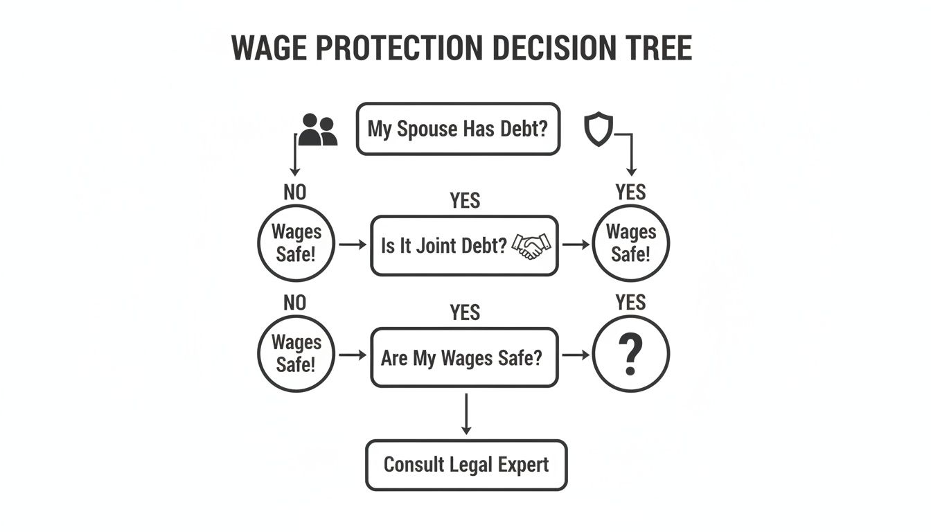 Decision tree flowchart illustrating steps to assess wage safety concerning a spouse's debt.