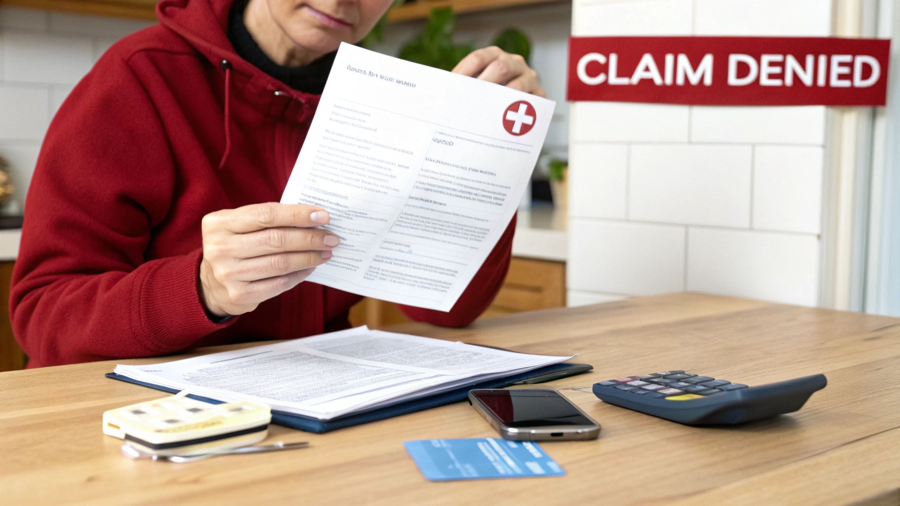 A person in a red hoodie reads a denied insurance claim document on a wooden table, surrounded by financial items.