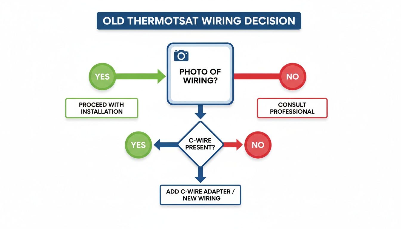 Flowchart outlining the decision process for old thermostat wiring and C-wire presence check.