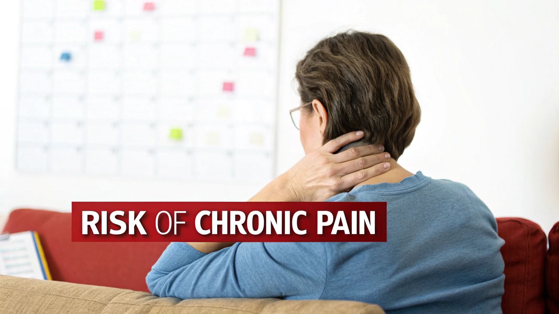Rear view of a woman holding her neck in pain, highlighting the risk of chronic pain.