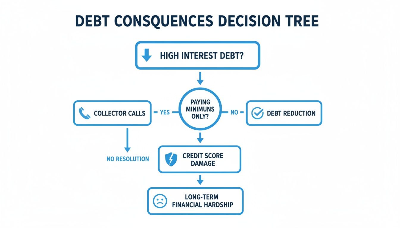 A decision tree flowchart illustrating the consequences of high-interest debt, from paying minimums to financial hardship.