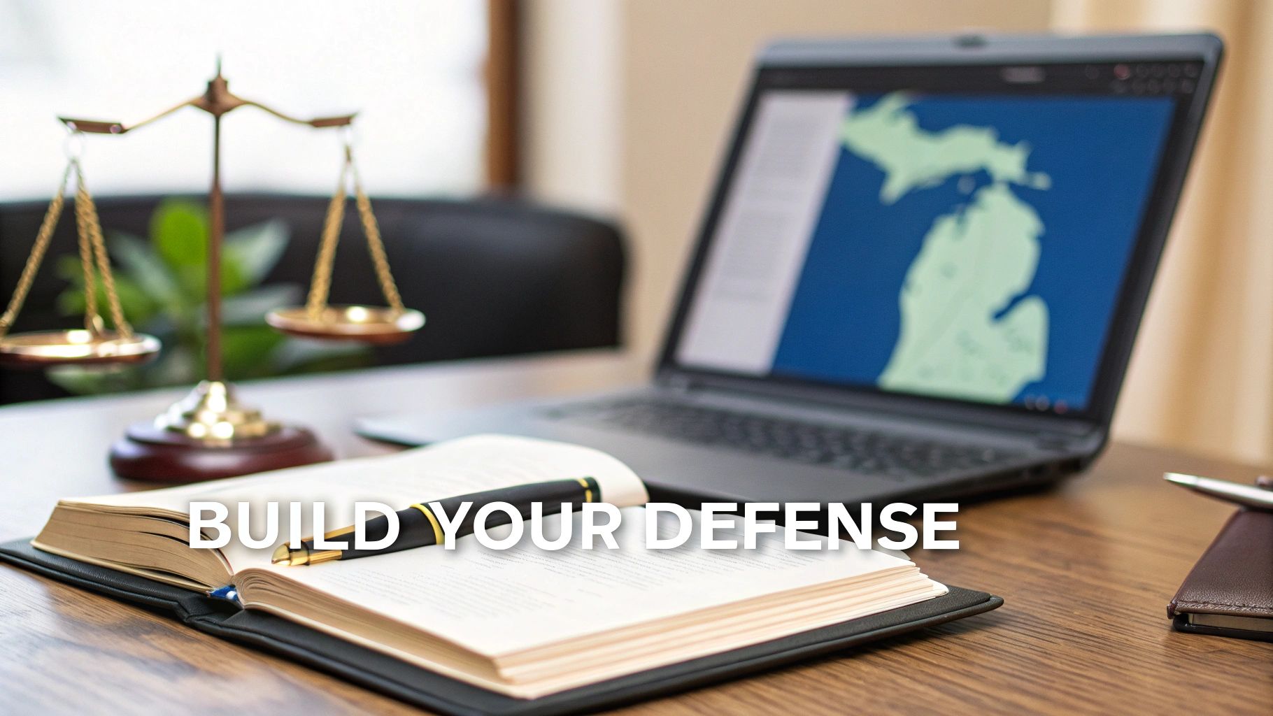 Scales of justice, an open law book with a pen, and a laptop showing Michigan, symbolizing legal defense.
