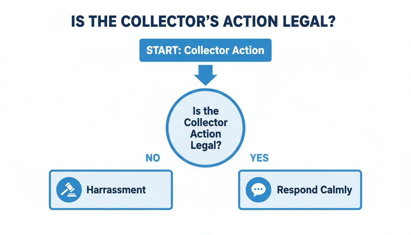 A flowchart titled 'Is the Collector's Action Legal?' guiding responses to debt collector actions.