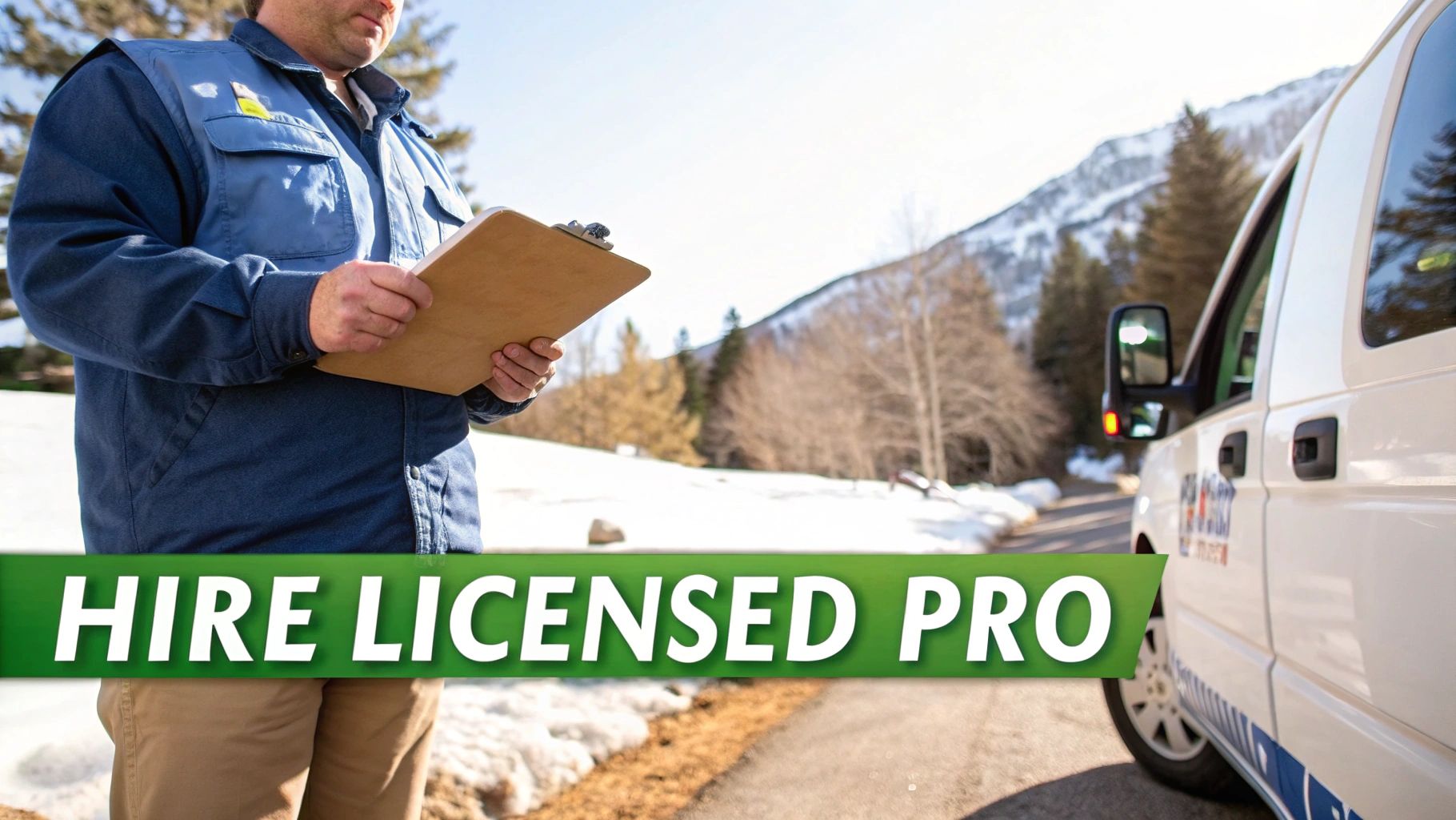 A licensed professional in uniform holds a clipboard next to a service van in a snowy landscape.