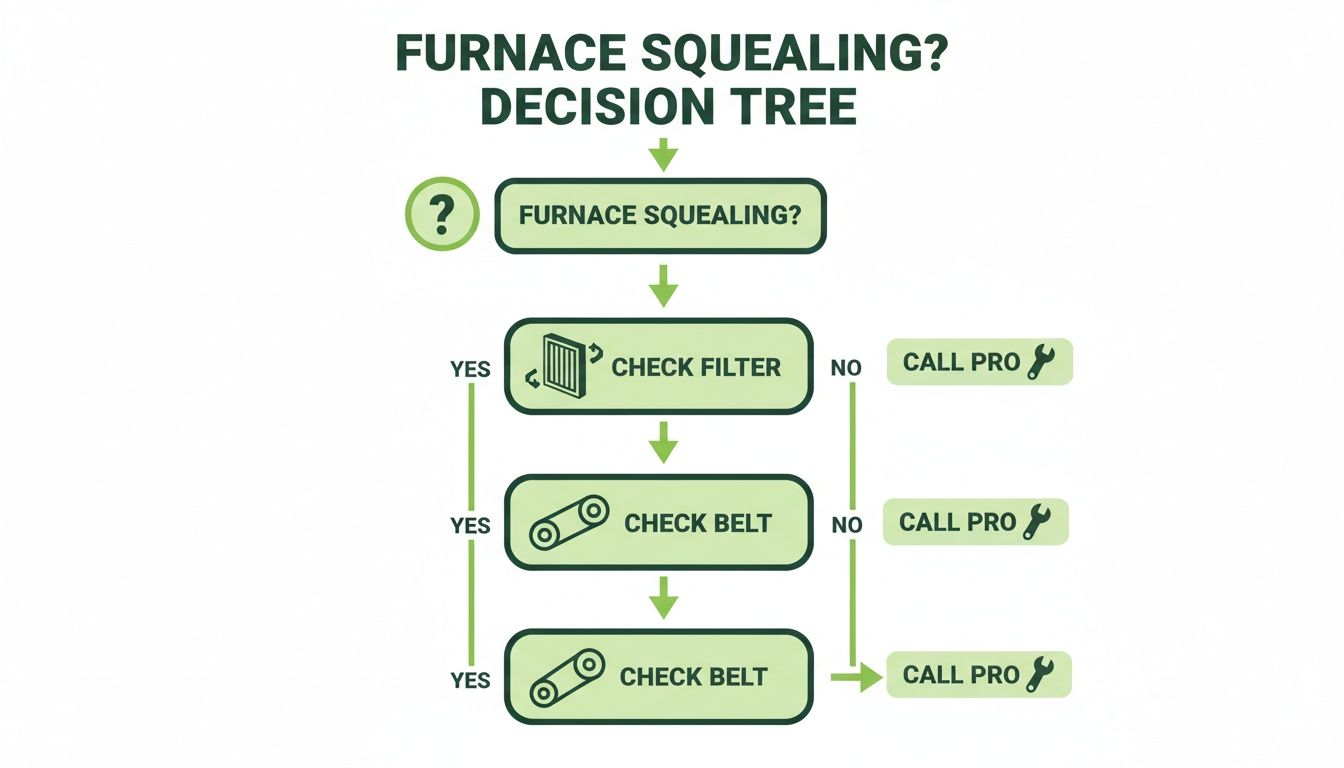 Decision tree diagram for troubleshooting a squealing furnace, guiding users to check filters and belts before calling a professional.