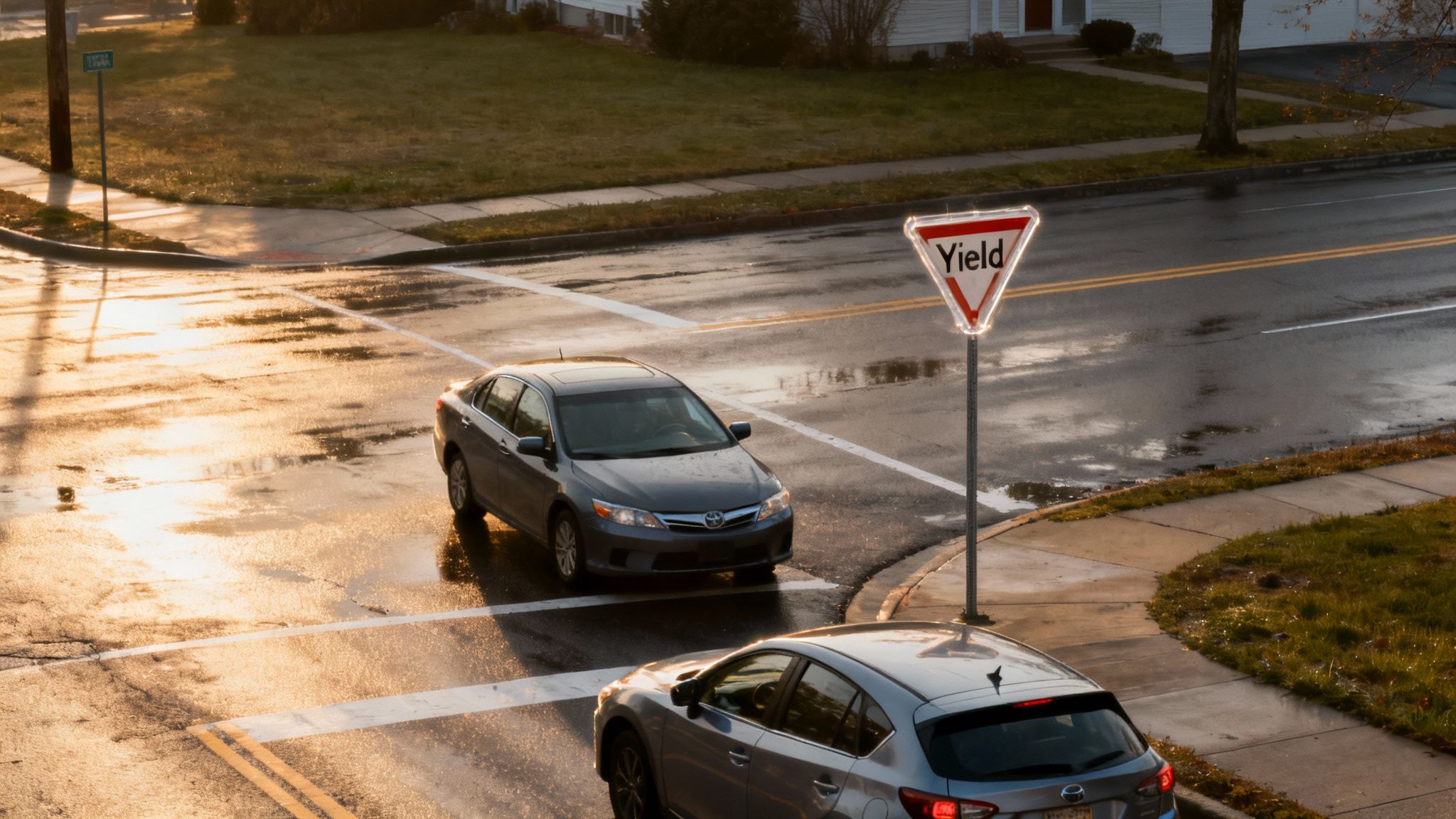 Two cars at a yield sign on a wet road with sunlight reflections at a street intersection.