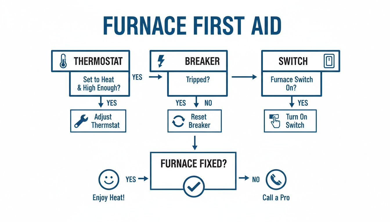 Flowchart showing Furnace First Aid steps: check thermostat, breaker, and furnace switch to troubleshoot issues.