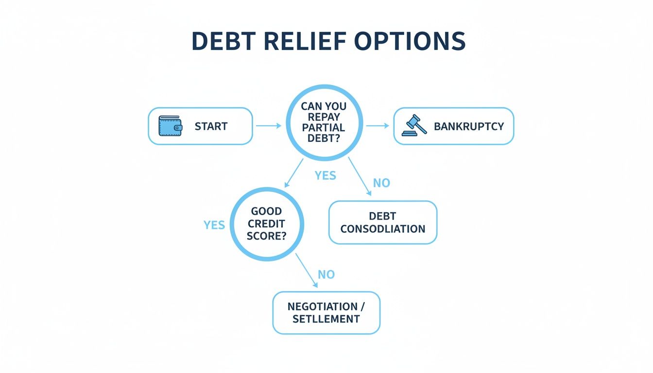 A flowchart illustrating debt relief options, including debt consolidation, bankruptcy, and negotiation based on repayment ability and credit score.