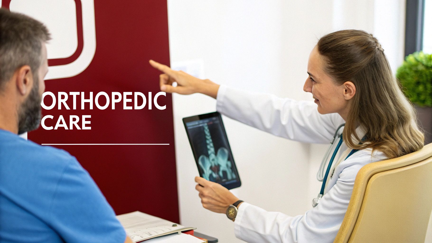 An orthopedic doctor explains an X-ray on a tablet to a male patient during a consultation.