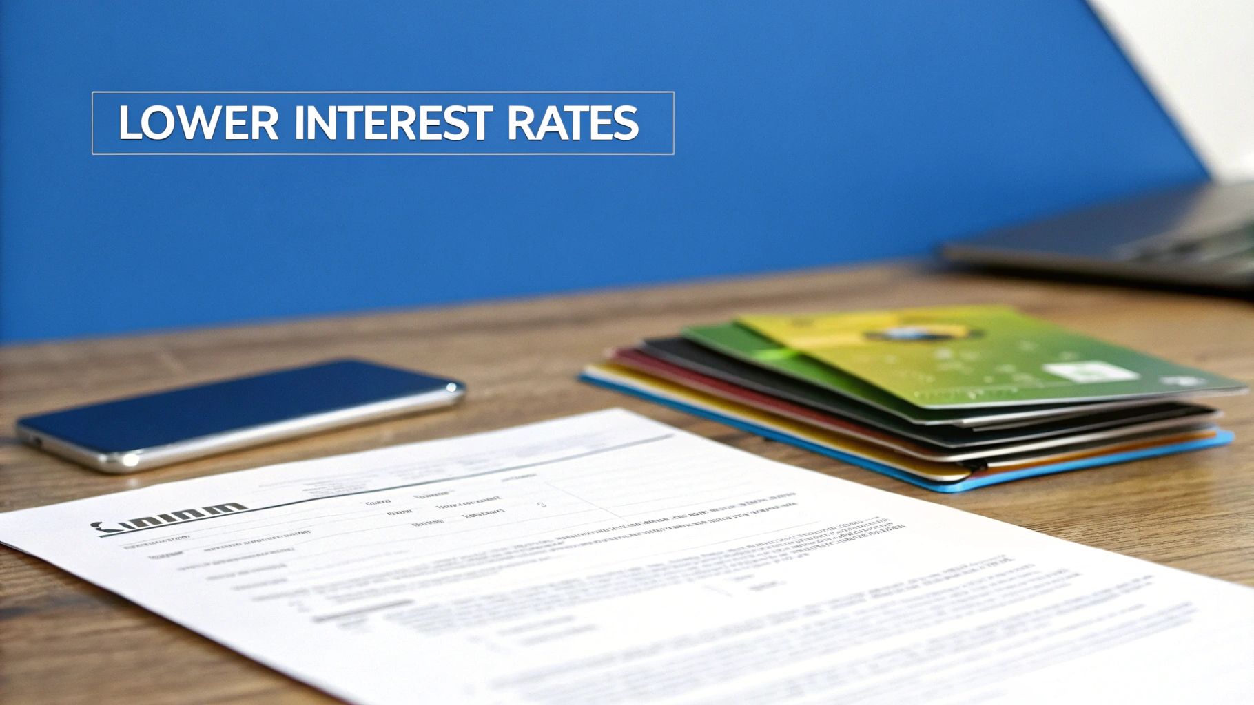 A desk with financial documents, a smartphone, and credit cards, highlighted by 'Lower Interest Rates'.
