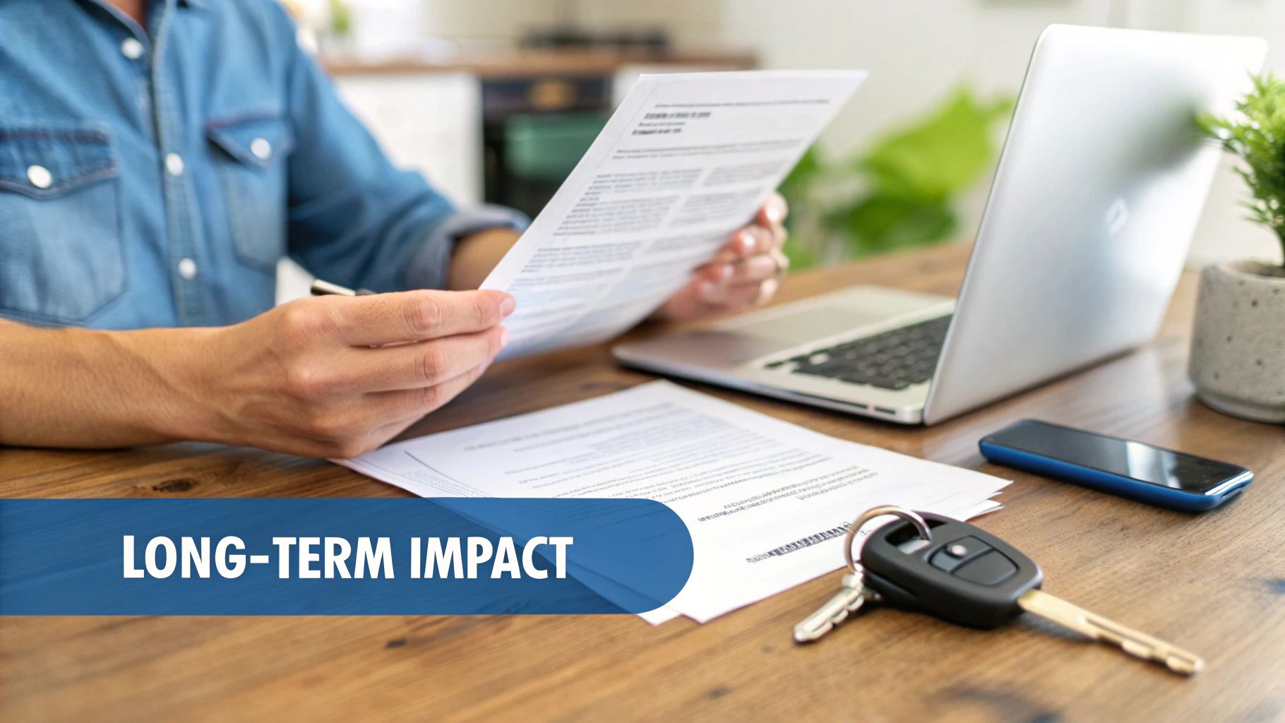 Persona revisando documentos importantes en un escritorio con una computadora portátil, un teléfono y las llaves del auto.