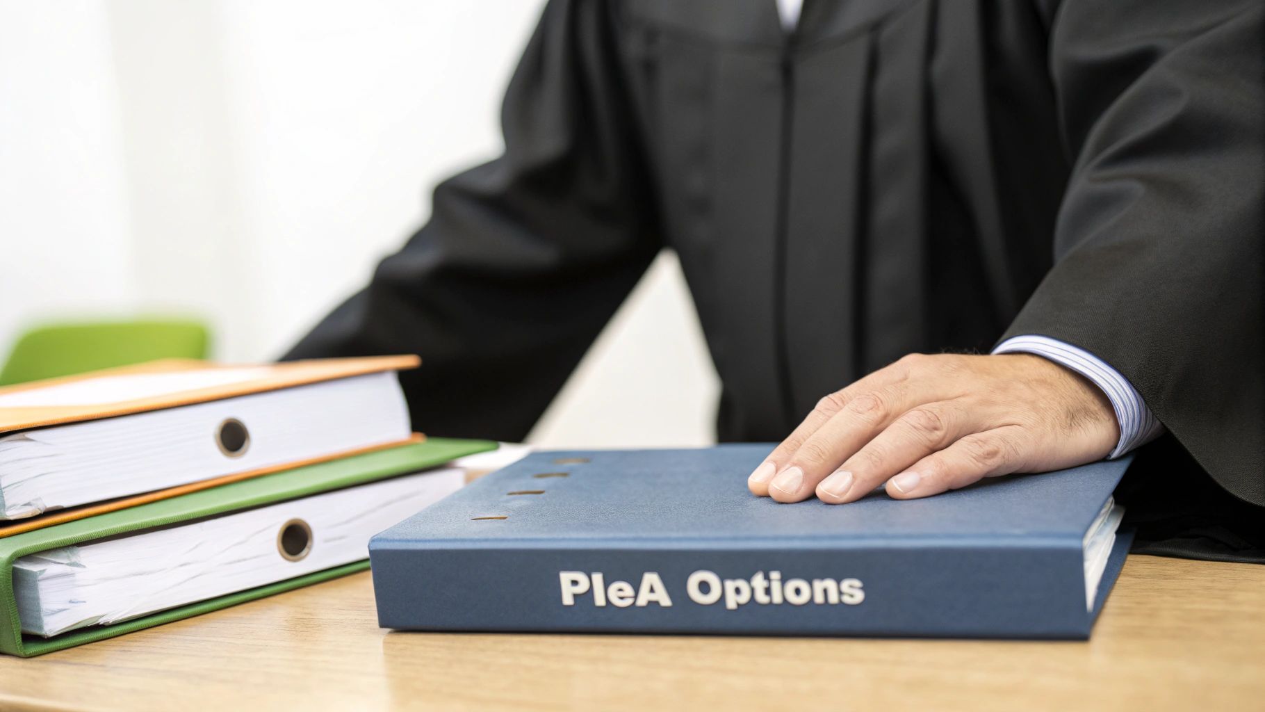 A person in a black judicial robe rests their hand on a blue book labeled 'PleA Options' at a legal desk.