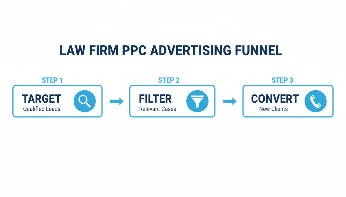 Law firm PPC advertising funnel steps: target qualified leads, filter relevant cases, and convert new clients.