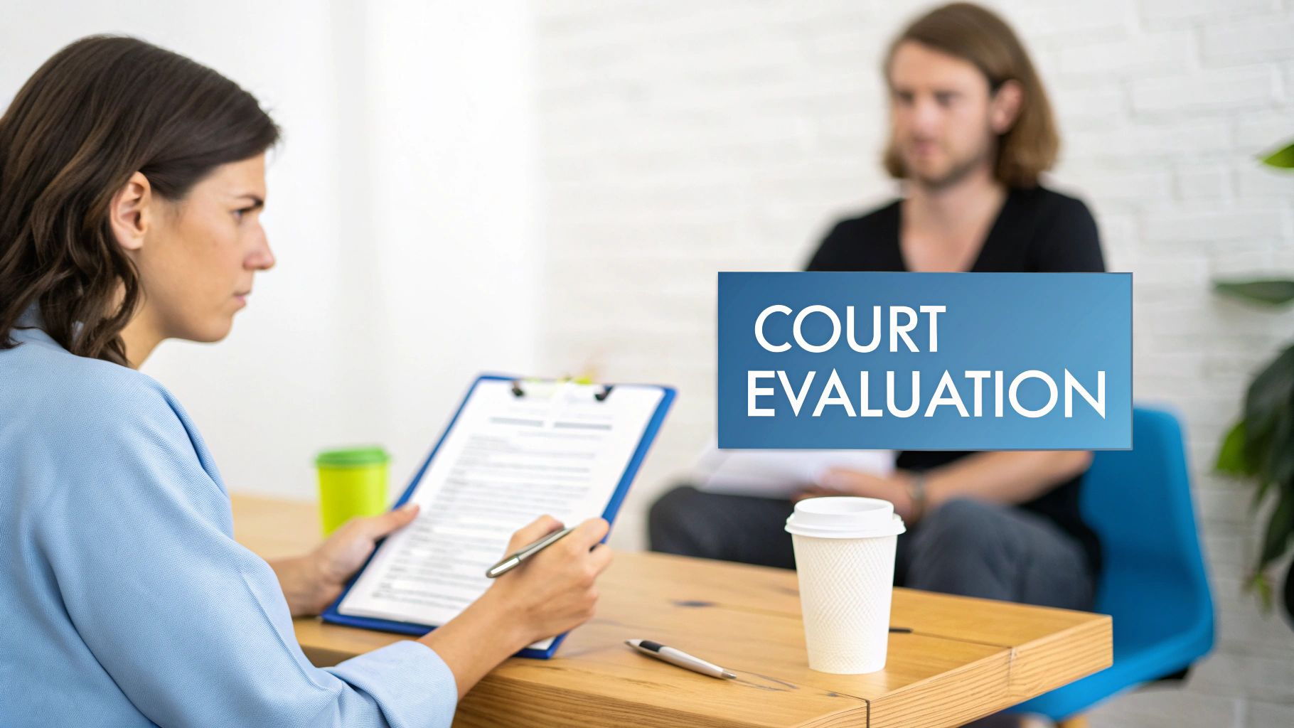 A woman conducts a court evaluation, holding a clipboard and pen while talking to a man.