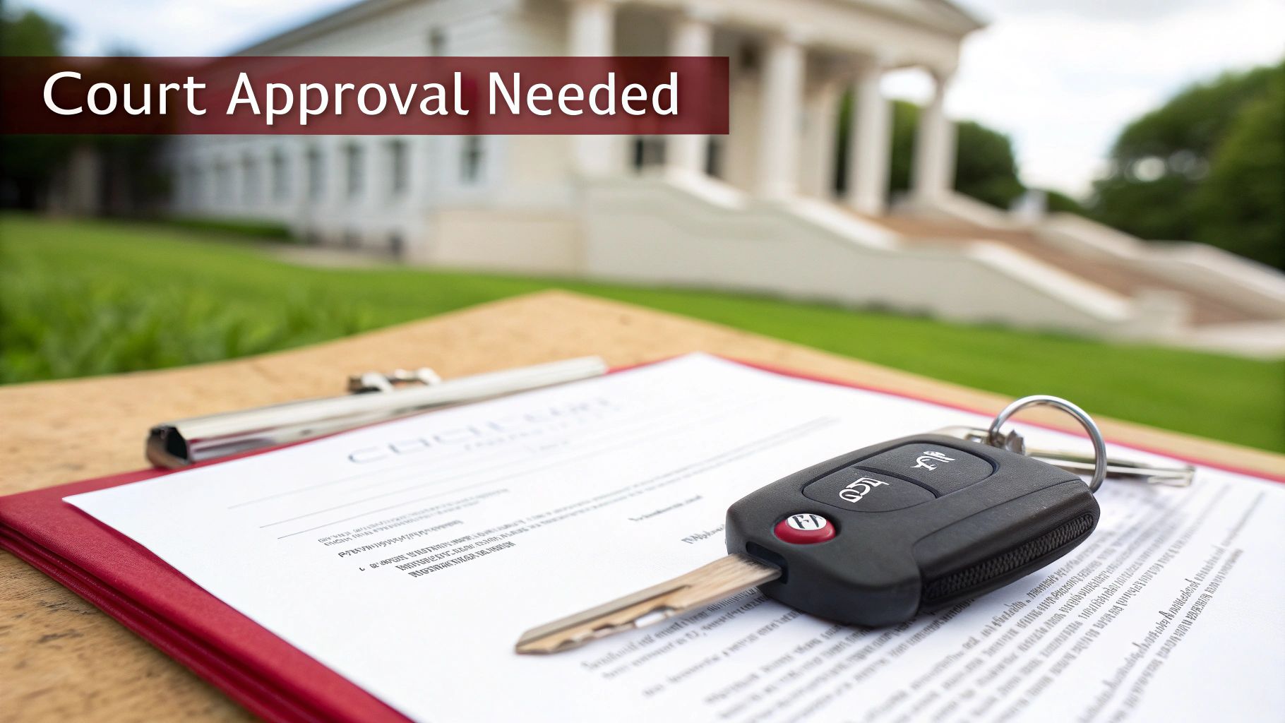 Car key resting on legal documents with a court building in the background, emphasizing court approval needed.