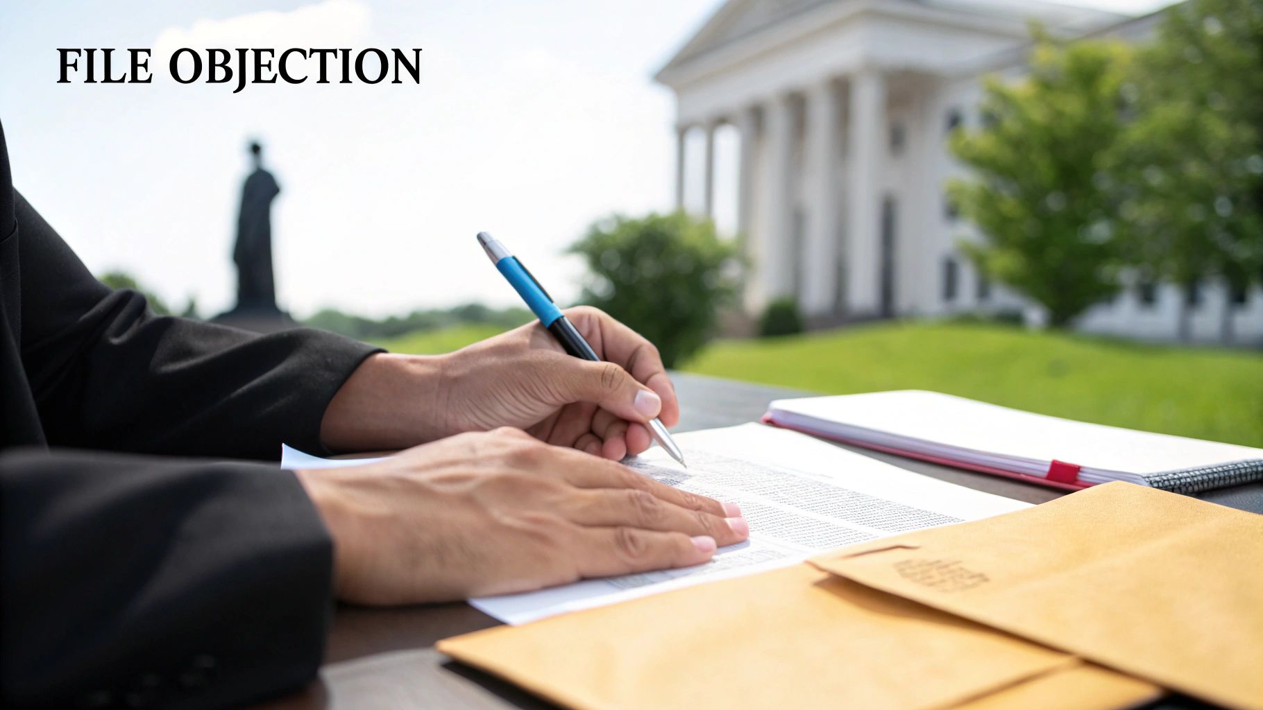 Person writing 'FILE OBJECTION' on a legal document outdoors, with a courthouse in the background.
