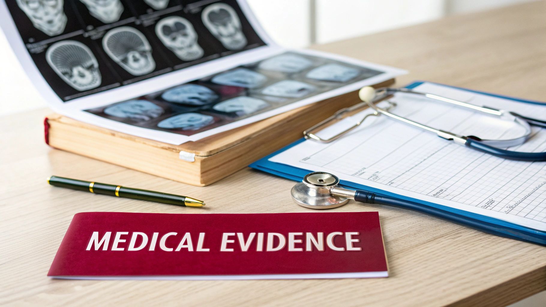 A desk with medical evidence documents, brain scans, a stethoscope, and a pen for health analysis.