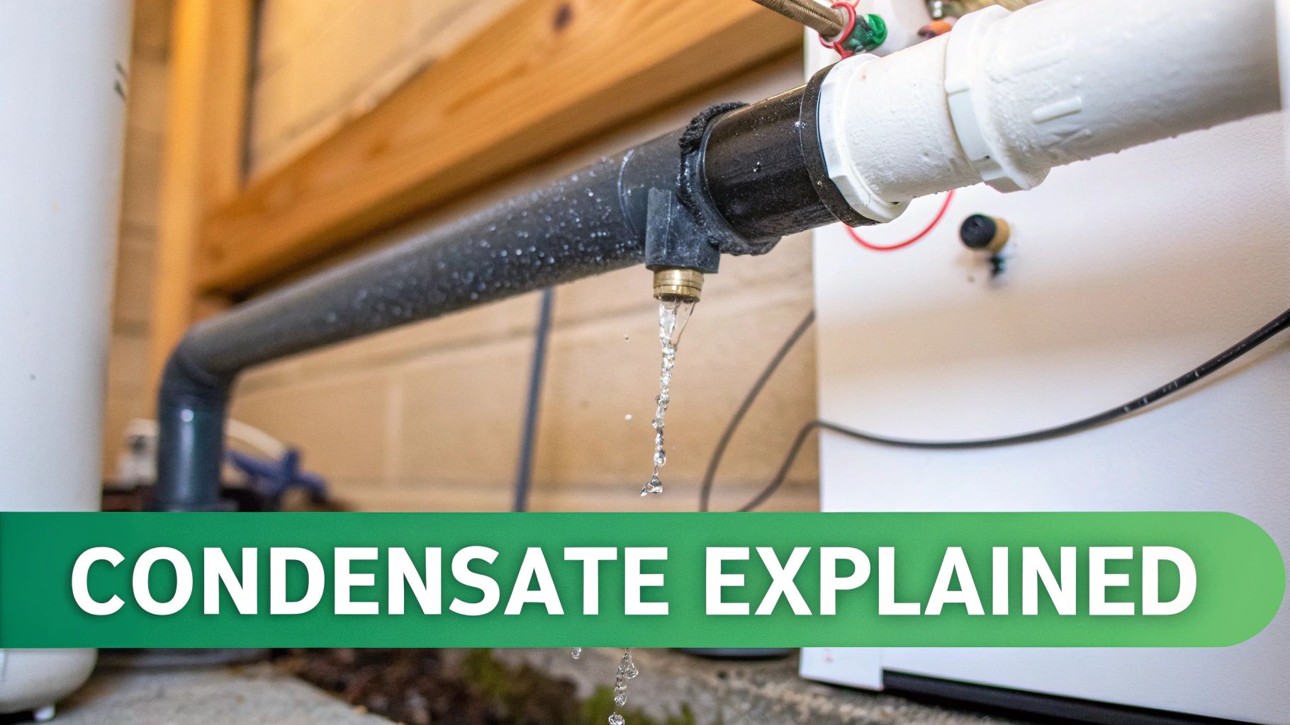 Condensate drips from a black pipe, illustrating a furnace or water heater exhaust issue.