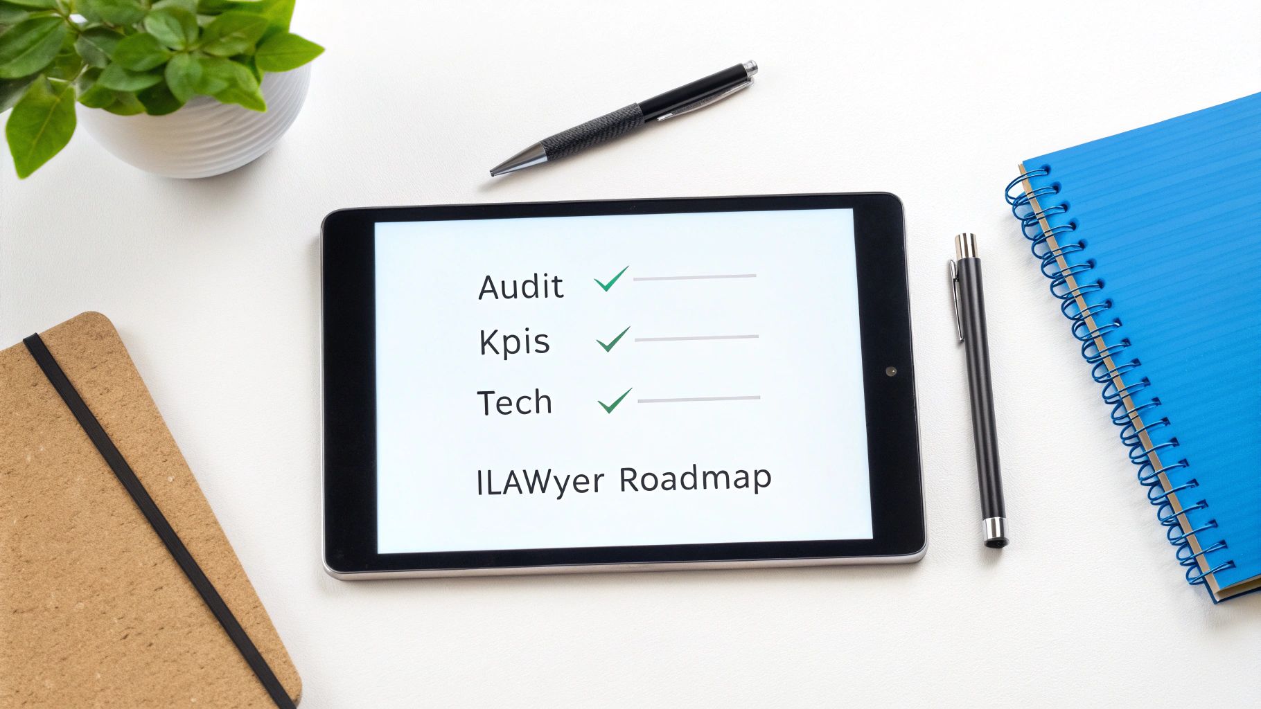 A top-down view of a modern white workspace with a tablet showing the ILAWyer Roadmap, a plant, and notebooks.