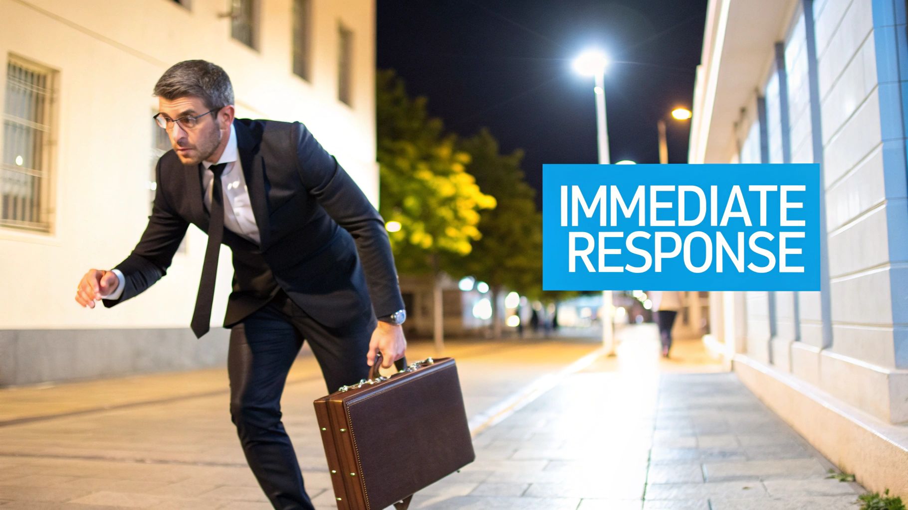 A businessman in a suit and glasses runs urgently at night, holding a briefcase, with 'IMMEDIATE RESPONSE' text.
