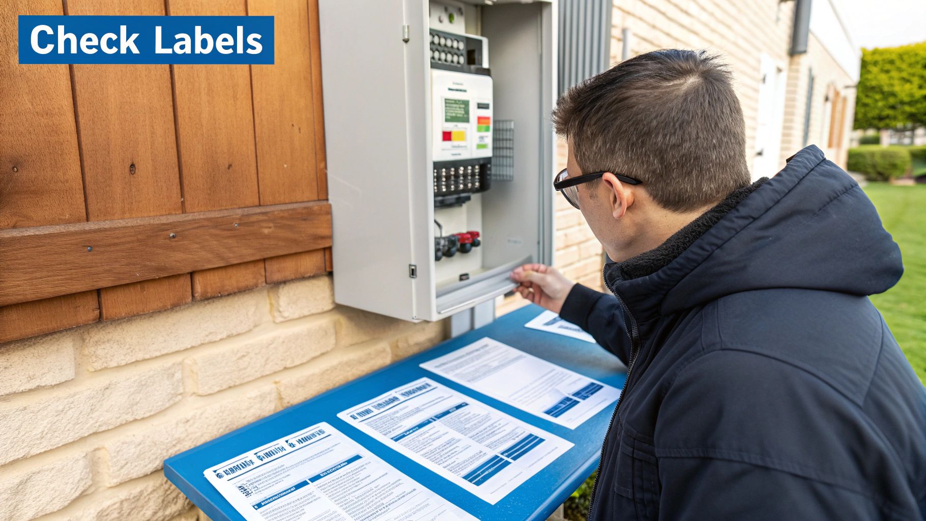 A person inspects an outdoor electrical panel, reviewing documents on a blue table.