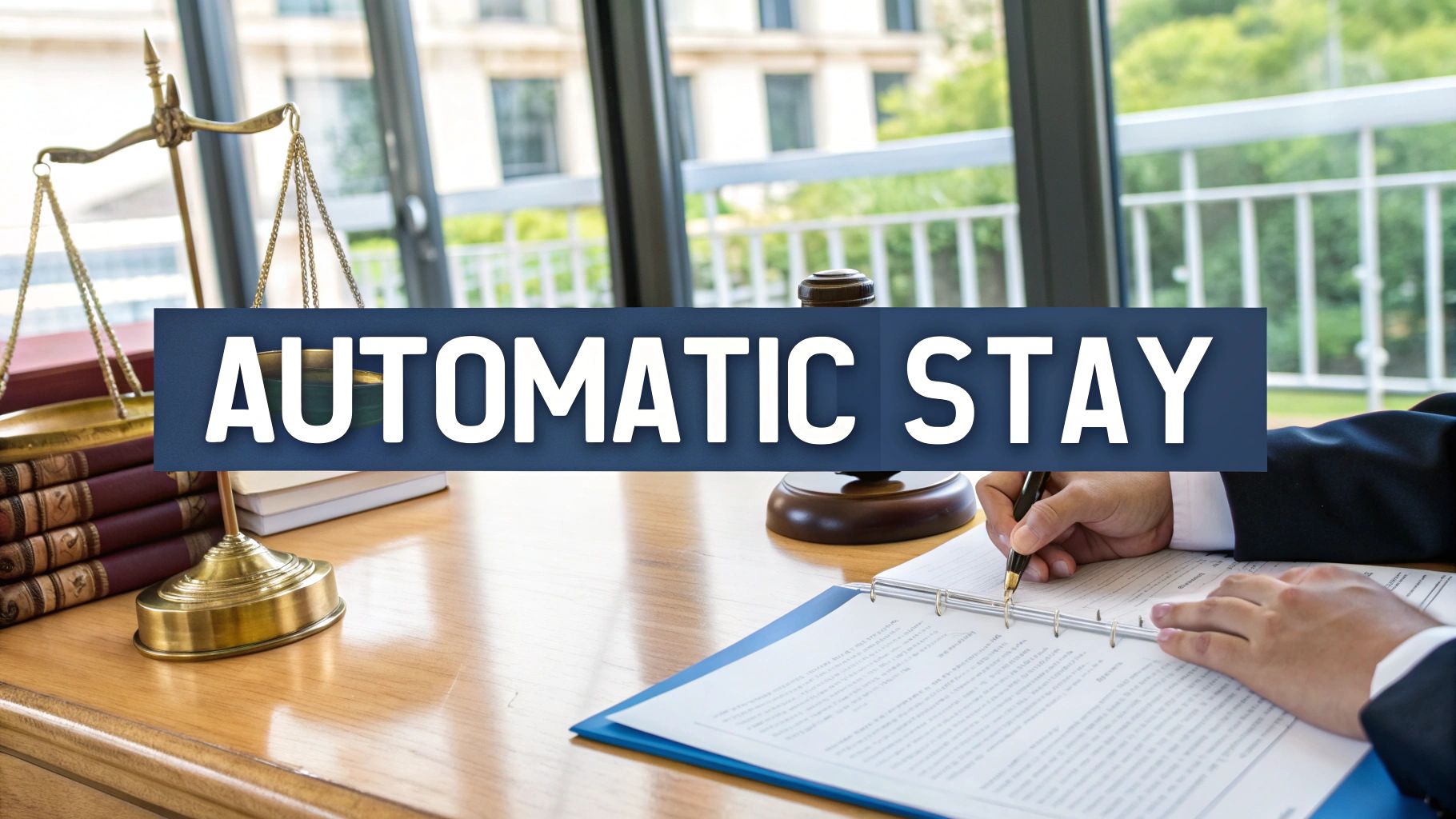 Legal scene with scales of justice and law books, a person signing documents, featuring text 'AUTOMATIC STAY'.