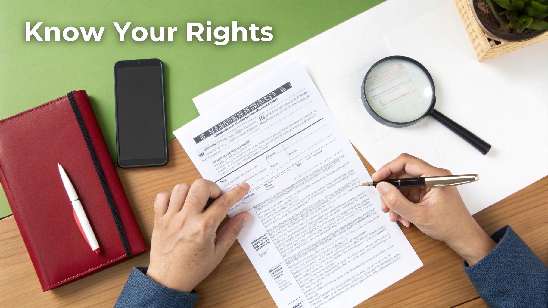 A person reviews a legal document with a magnifying glass and pen, promoting 'Know Your Rights'.