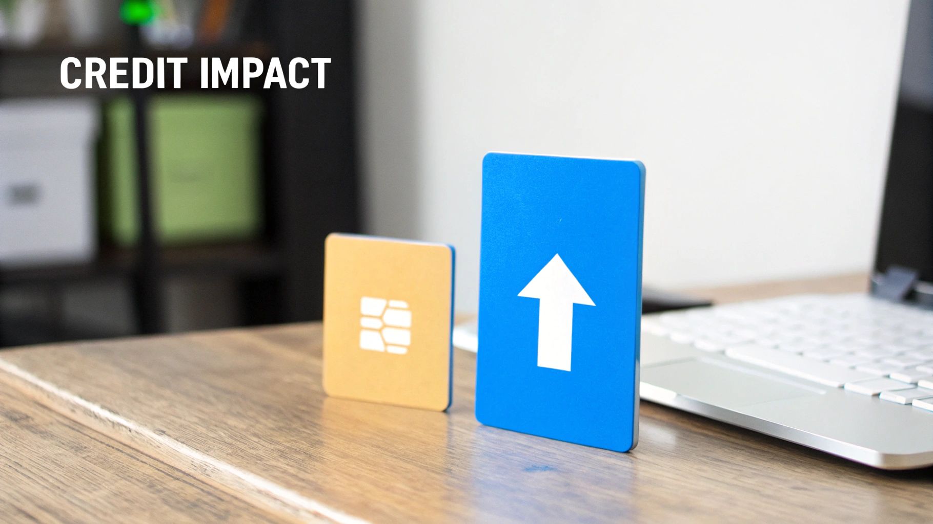 Two card-like objects on a desk, one with a chip, one with an up arrow, signifying credit impact.