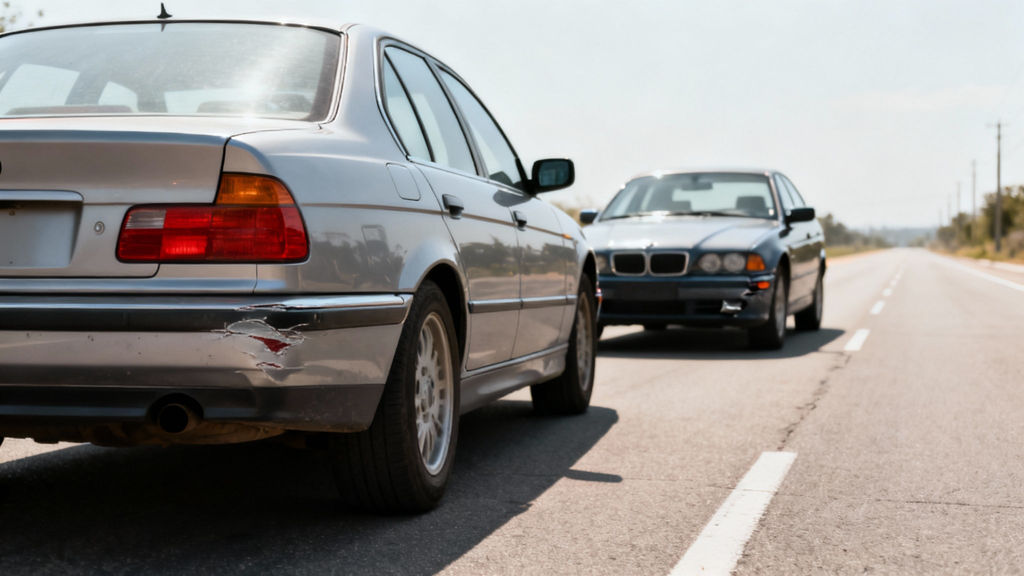 A silver car with a visibly damaged rear bumper on a road, with another car ahead.