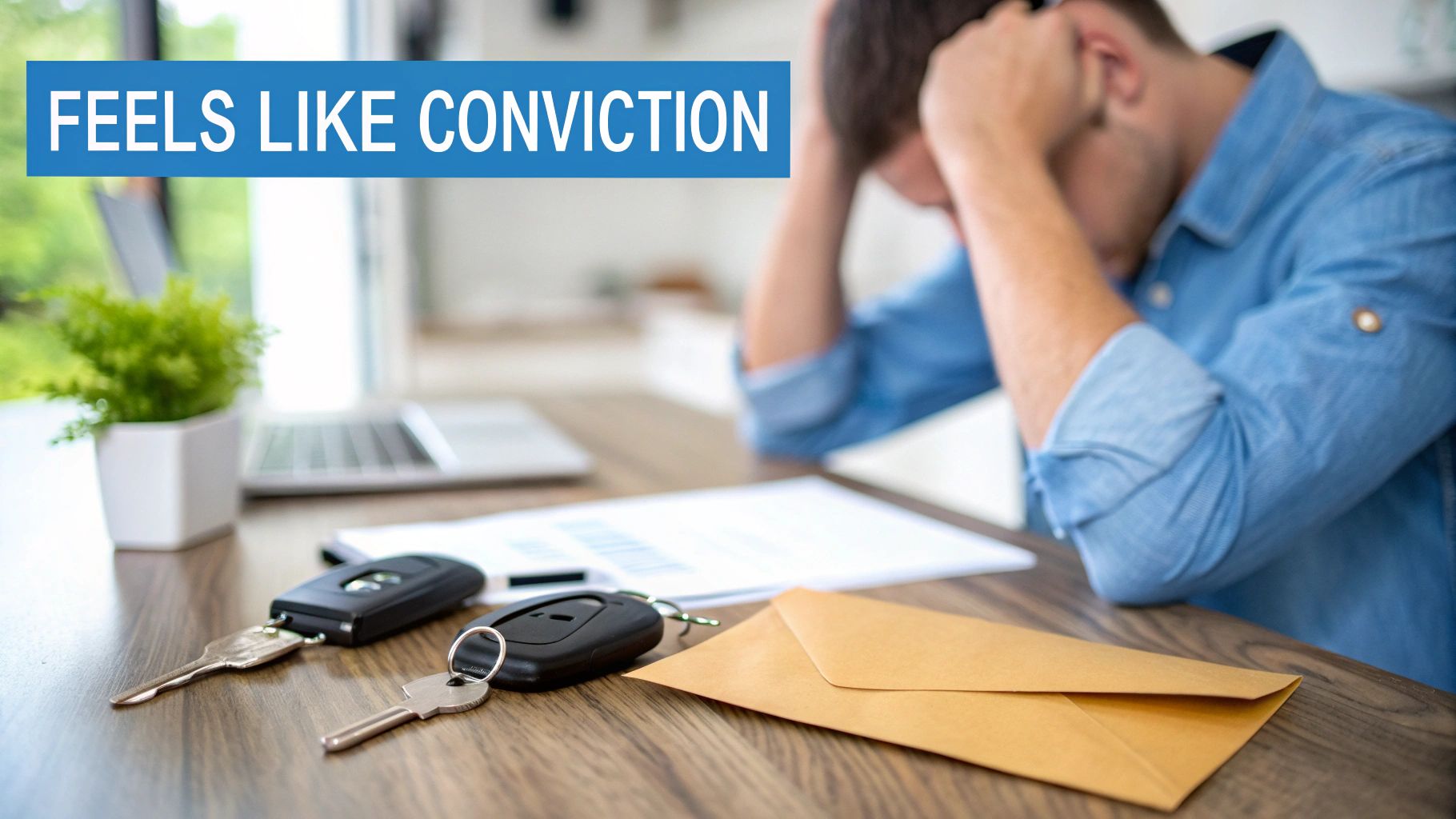 A distressed man with head in hands at a desk with car keys, an envelope, and documents.