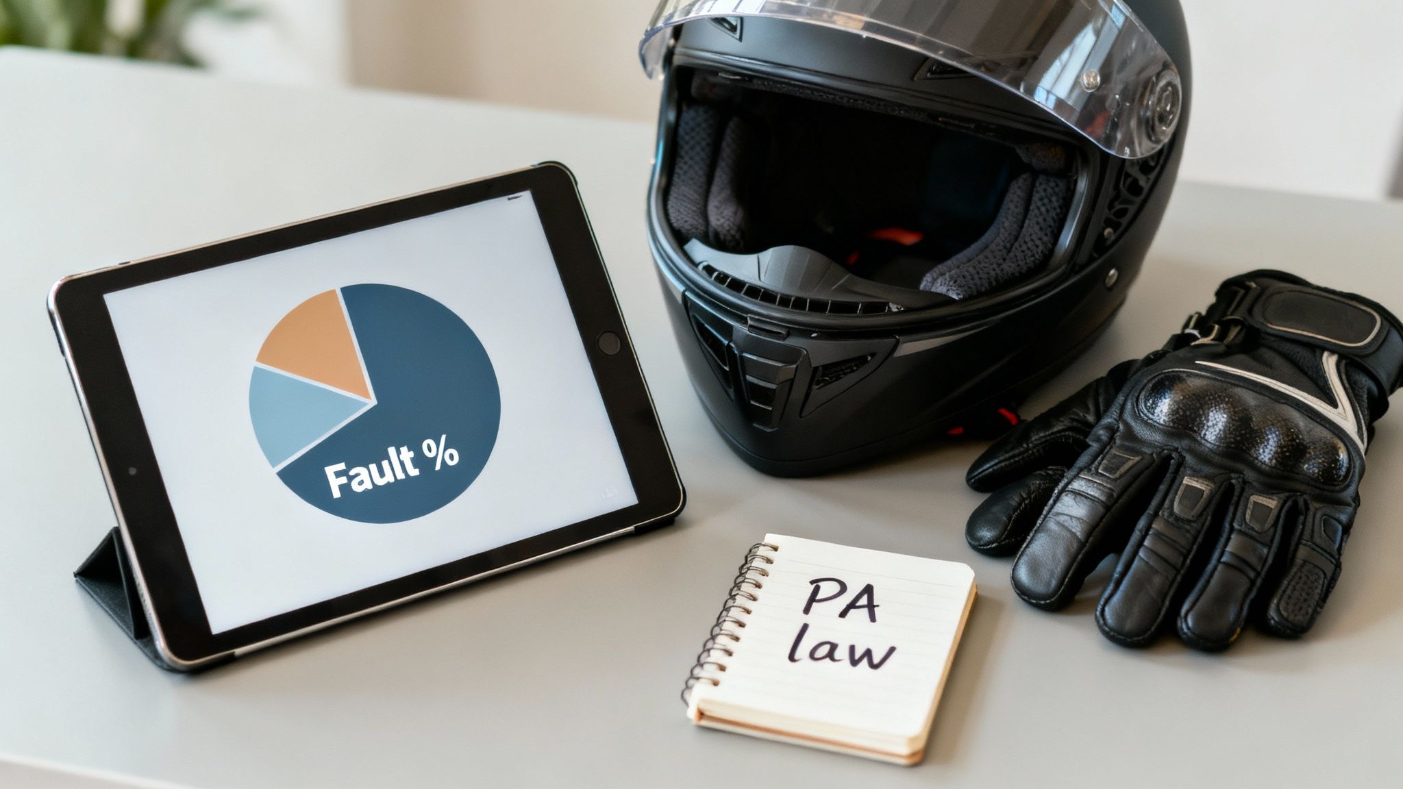 A tablet showing a 'Fault %' pie chart next to a motorcycle helmet, gloves, and a 'PA law' notebook.