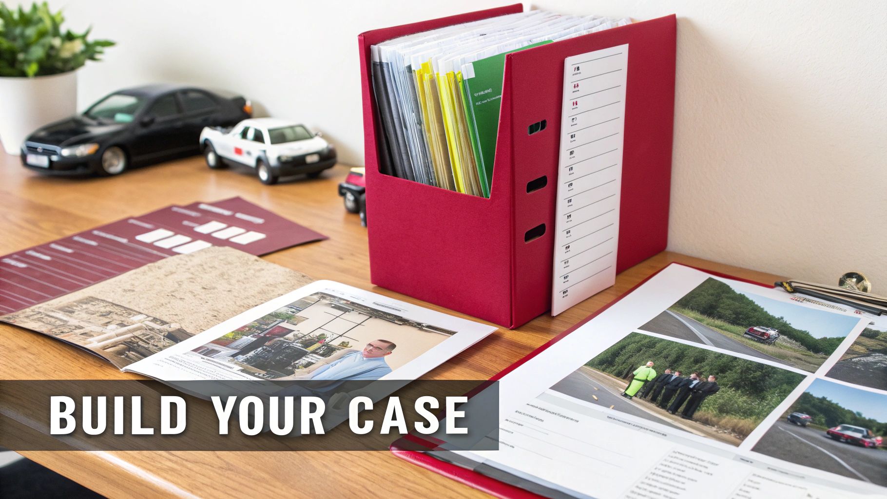 A well-organized desk with a red file holder, open documents, and model cars, suggesting legal work.