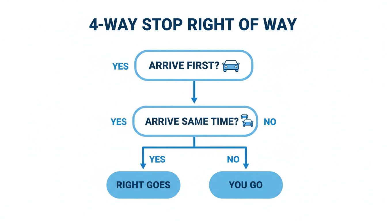 A flowchart explaining 4-way stop right of way rules for drivers at an intersection.