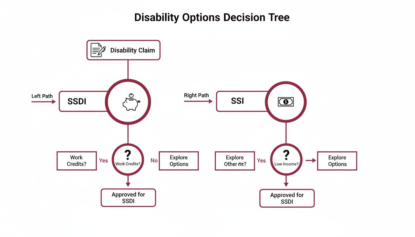 Flowchart showing disability options decision tree for SSDI and SSI claims based on work credits and income.