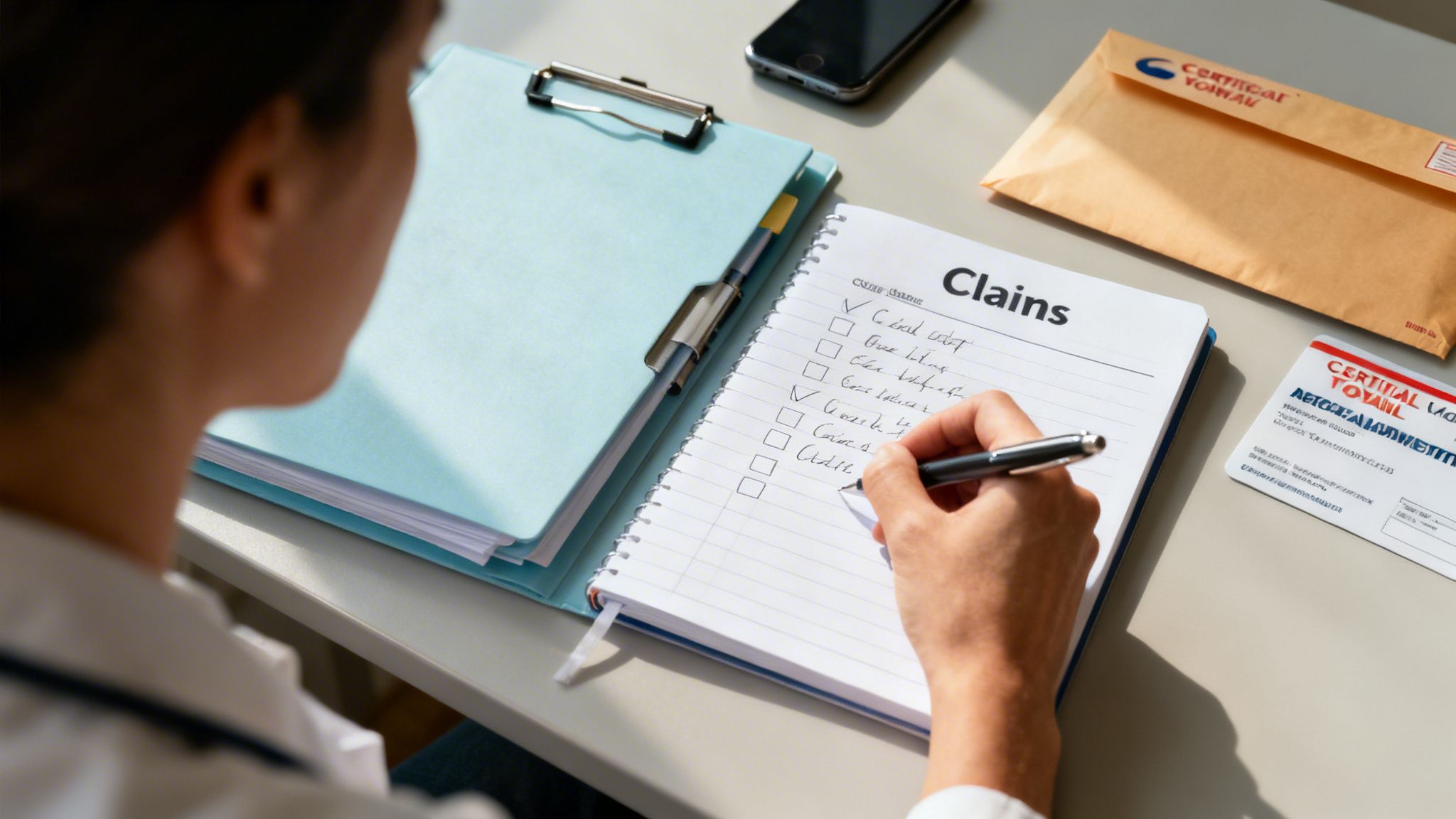 A person writes in a notebook labeled 'Claims' while sitting at a desk with a clipboard and mail.
