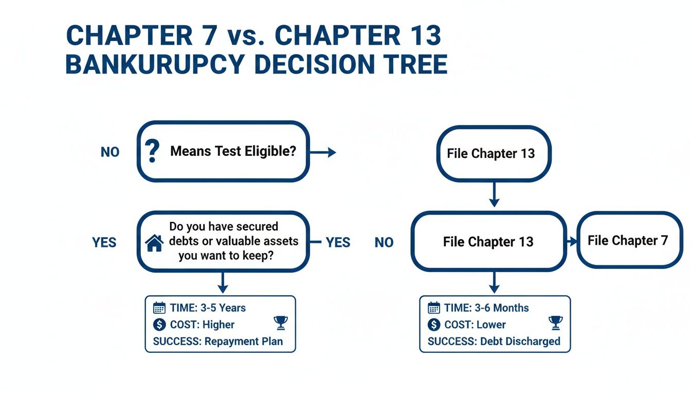 A decision tree diagram comparing Chapter 7 vs. Chapter 13 bankruptcy eligibility and outcomes.