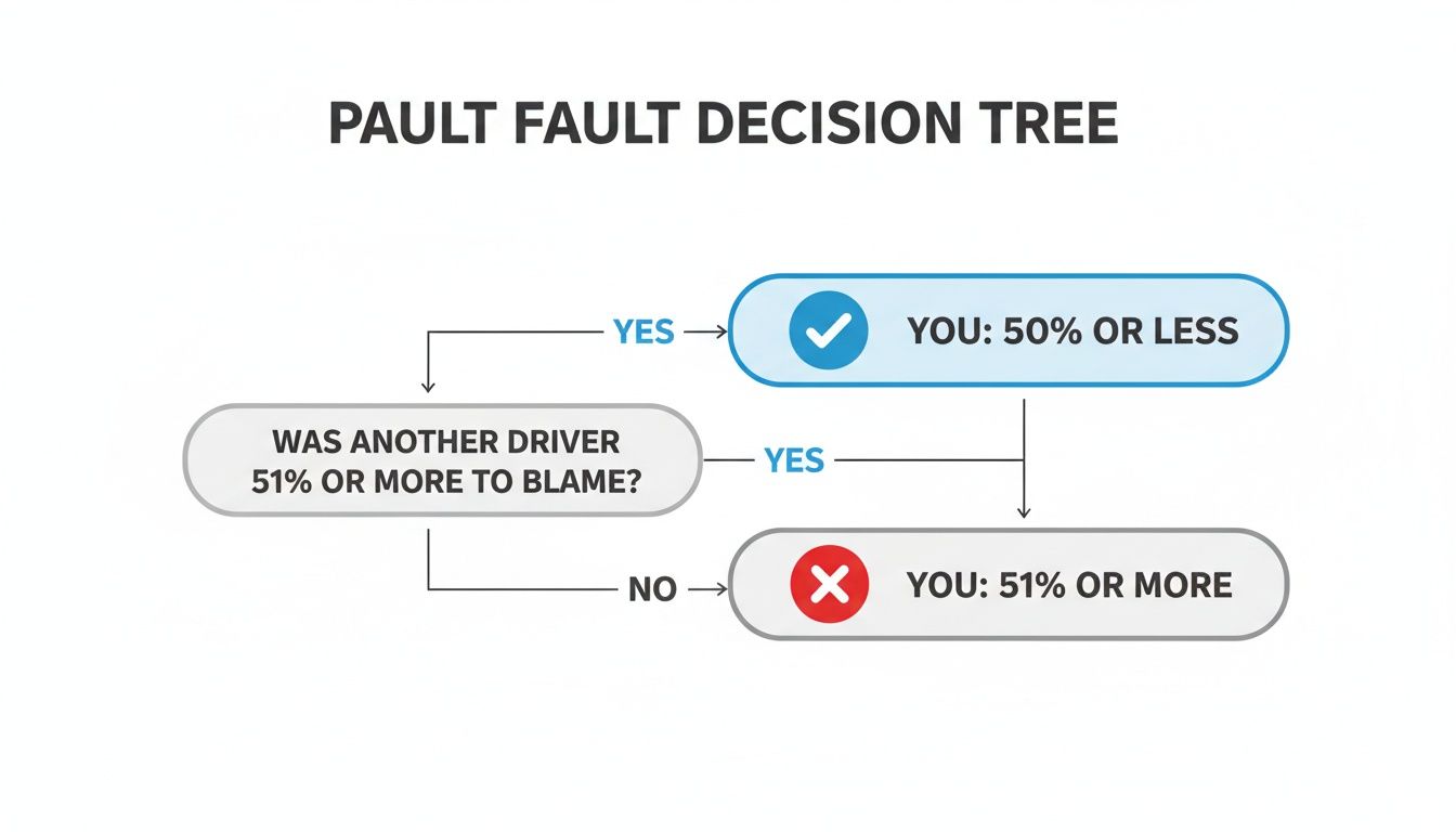 Decision tree flowchart explaining fault determination and blame percentages in an accident scenario.