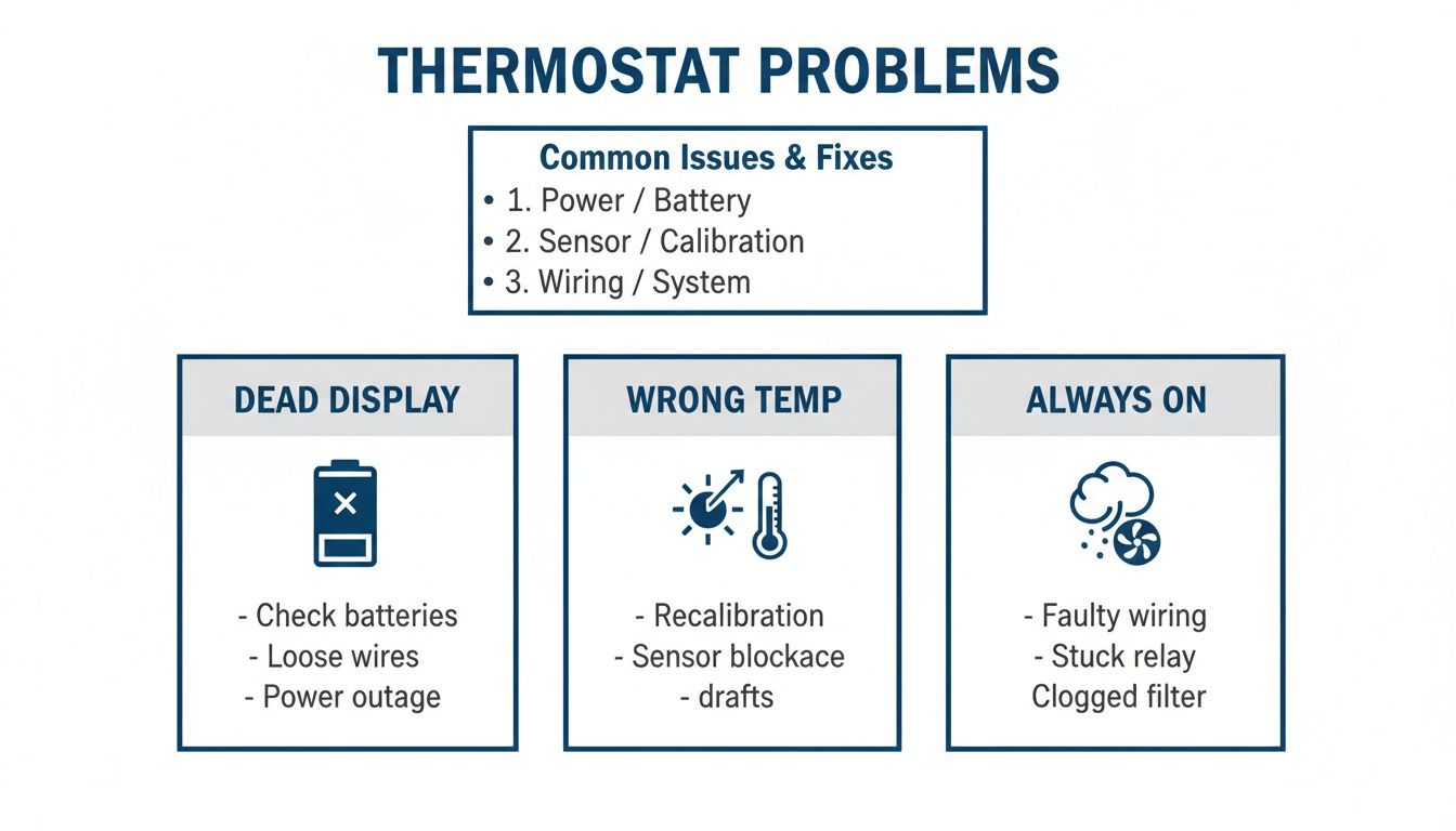 Infographic illustrating common thermostat problems like dead display, wrong temp, and always on, with fixes.