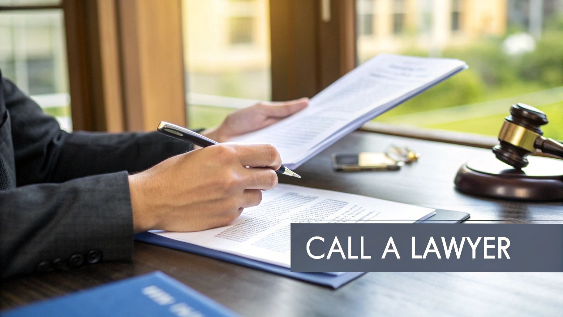 A person in a suit signs legal documents on a desk with a gavel, with the text 'CALL A LAWYER' overlaid.