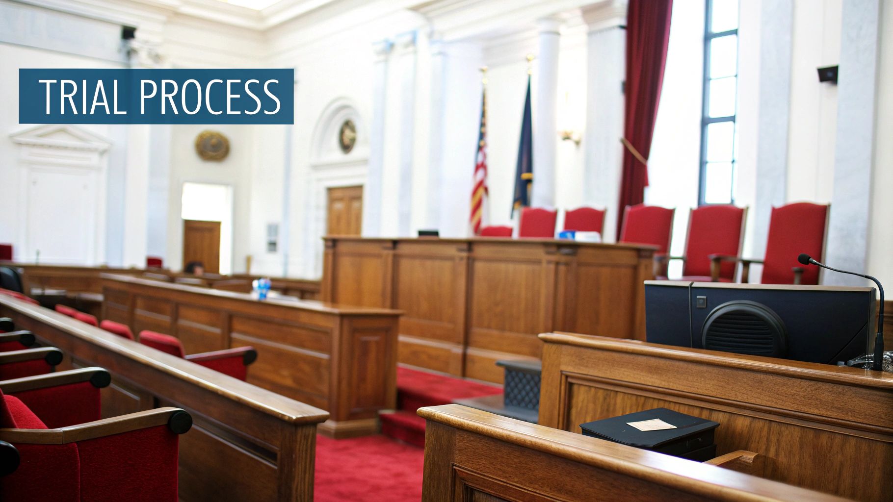 A wide shot of an empty courtroom with wooden benches, red chairs, and a judge's stand.