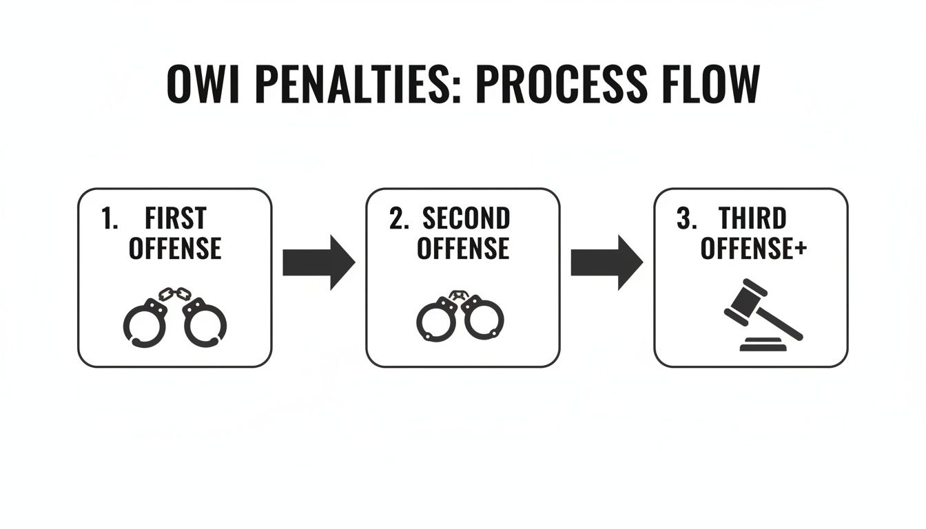 A process flow diagram illustrating OWI penalties for first, second, and third-plus offenses.