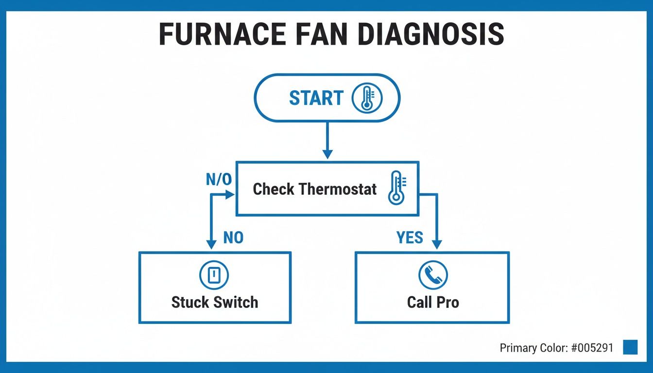 Furnace fan diagnosis flowchart showing steps: Start, Check Thermostat, Stuck Switch, and Call Pro.