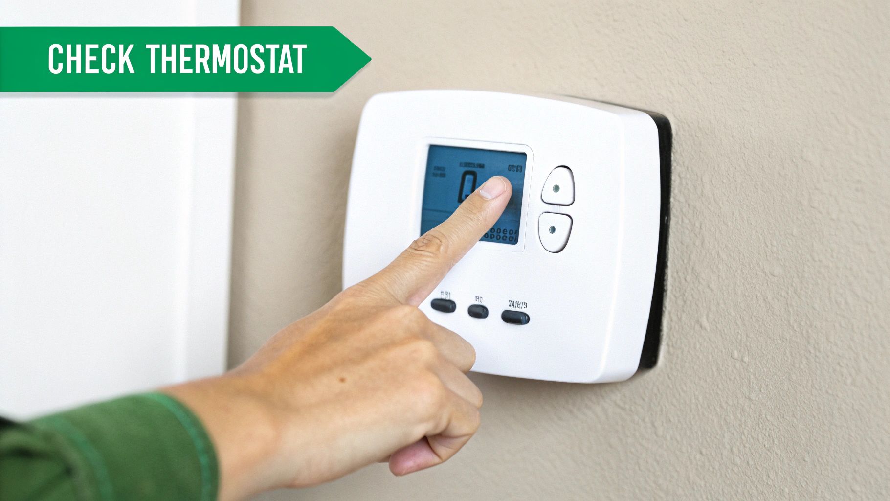 A person's hand adjusts a white digital thermostat on a beige wall.